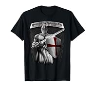 Features a knight Templar in armor and shield with his sword. With a banner above him with the words TEMPT NOT THE RIGHTEOUS MAN TO DRAW HIS SWORD. Awesome patriotic design is perfect serving or veteran military and all red blooded Americans of faith...