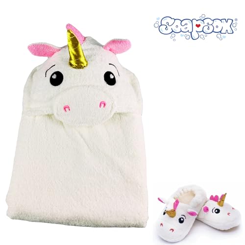 Image of SoapSox Hooded Towel & Slipper Set for Kids - Soft Cotton Towel w /Hand Pockets + Matching Slippers - 27x45 inch Gift Set
