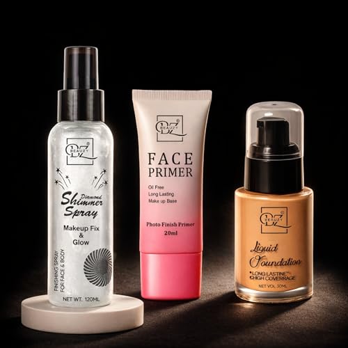 Beauzy Photo Finish Makeup Combo | Oil-Free Face Primer 20ml + Liquid Foundation 30ml + Diamond Shimmer Spray 120ml | Long Lasting Base, High Coverage & Glow Finish Makeup Set