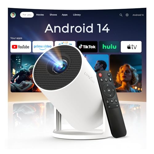Mini Projector with WiFi 6 and Bluetooth 5.4 for Bedroom Auto Keystone Built-in Android 14 , 1080P 4K Support Portable Projector, 180° Rotatable Upgrade HY300pro+ Projector for Home OptiBarrel 500