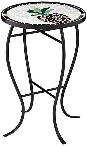 Teal Island Designs Beige Pineapple Modern Black Metal Round Outdoor Accent Side Table 14" Wide Black Glass Mosaic Tabletop Gracefully Curved Legs for Front Porch Patio Home House Balcony Deck Shed