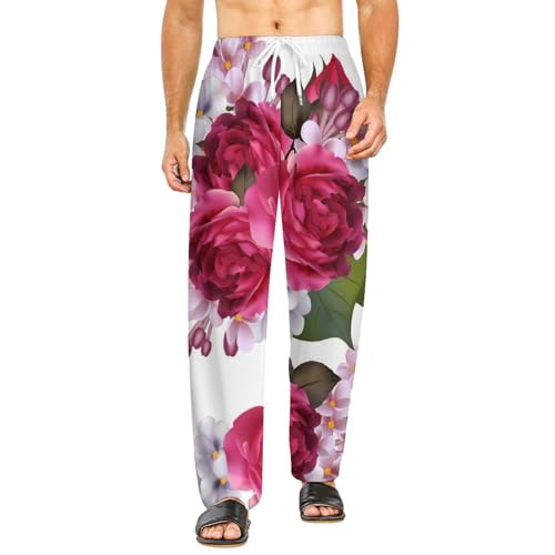 Bas de pyjama femme long rouge à fleurs, pantalon de détente avec poches taille S doux