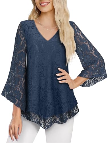 Viracy Womens Dressy Blouse V Neck Double Layers Elastic Mesh Casual Flowy Work Shirts Ruffle 3/4 Flared Sleeve Tunic Tops2