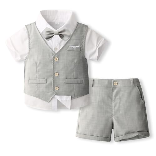 Image of Volunboy Baby Boys Summer Suits Short Sleeve Wedding Ring Bearer Outfits 4Pcs Graduation Dress Vest Shirt Bowtie Shorts Set