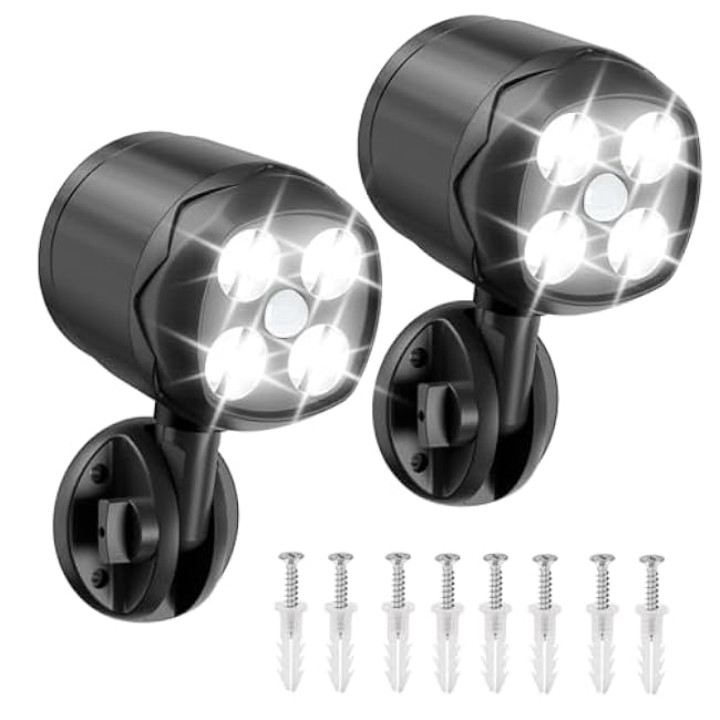 Battery Motion Sensor Light Outdoor, IP65 Waterproof Wireless 6000K Outside Light for Garage/Pathway/Yard (2 Pack, Black)