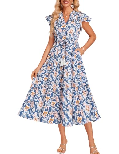 GRACE KARIN Womens Summer Floral Midi Dresses Short Sleeve Beach Wedding Guest Dress Drawstring Long Flowy Dress with Pockets