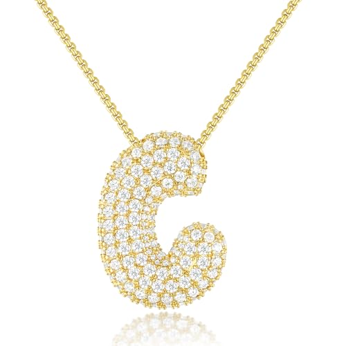 KissYan Bubble Letter Necklace, 14K Gold Plated Balloon Initial Pendant Box Chain Necklace Dainty Pave CZ Jewelry Gift for Women