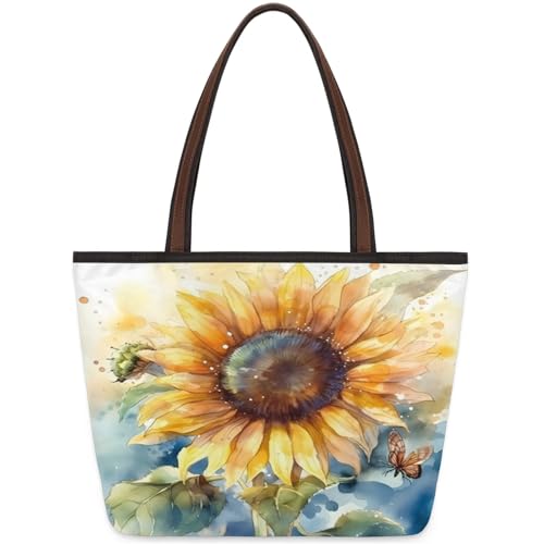 Watercolor Sunflower Butterflies Tote Bag Multi Pocket Zippered Beach Bag Lightweight Waterproof Handbag for Women Men Work Gym Travel Swimming Yoga Grocery Shopping M