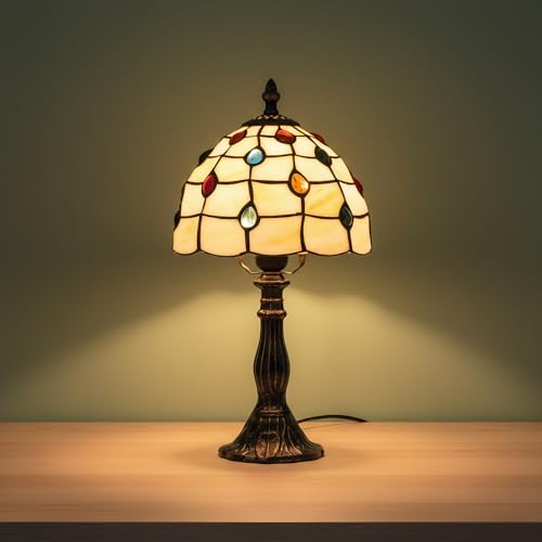 B·LED BARCELONA LED Lámpara de Mesa estilo Tiffany – Diseño Vintage Art Nouveau Ø20 cm – Pantalla de Cristal Multicolor y Base Metálica – Lámpara Decorativa para Salón o Dormitorio – E27 40W