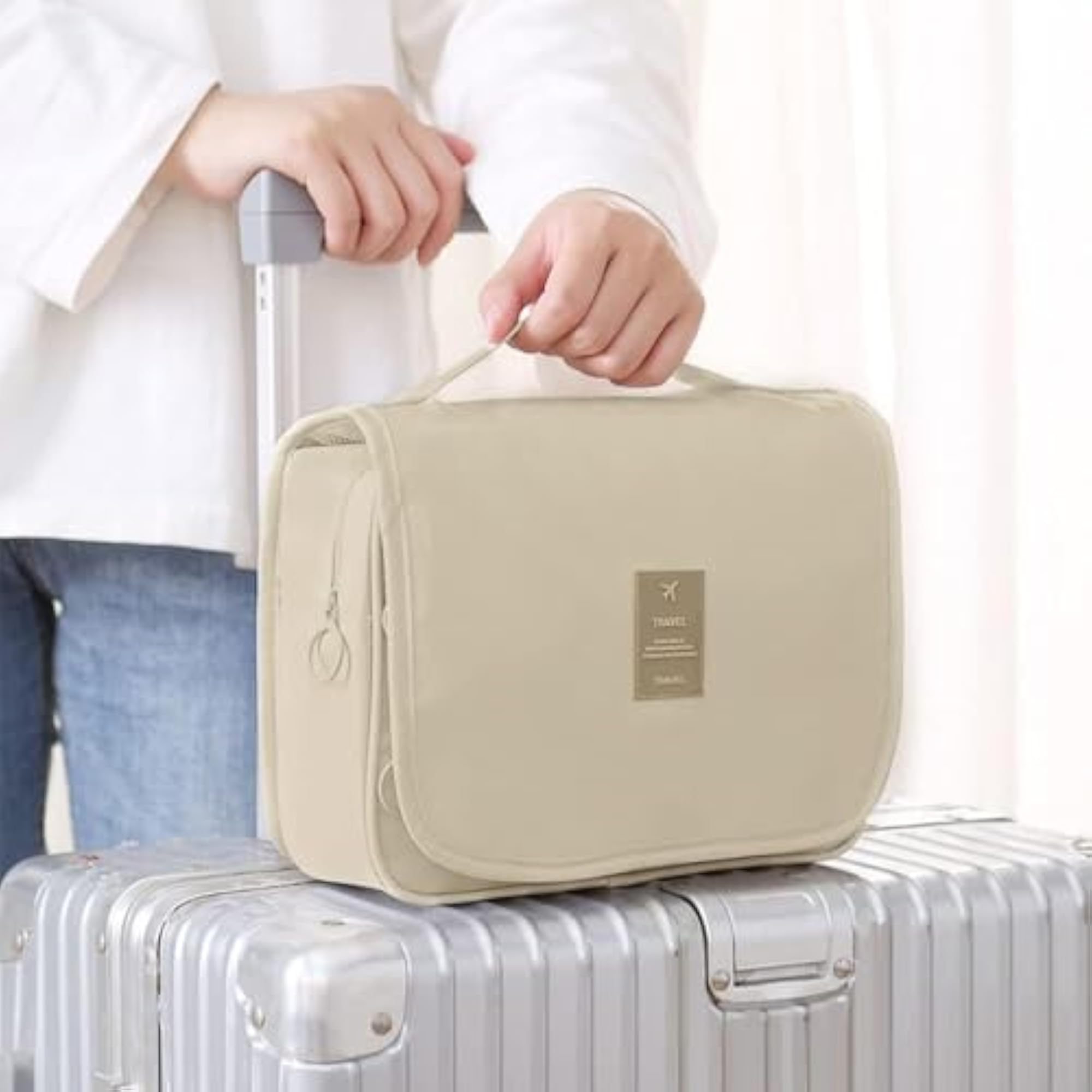 Beige Hanging Travel Toiletry Bag with Mesh Pockets