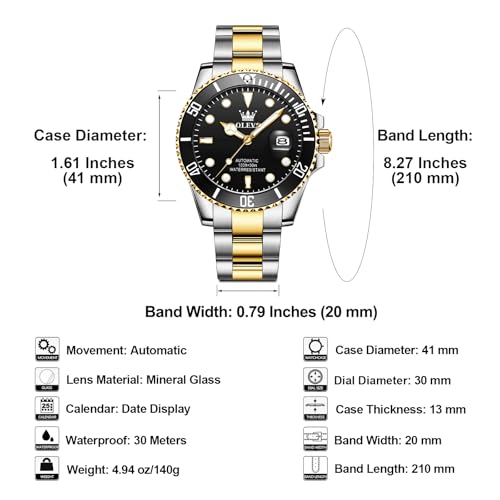 OLEVS Automatic Watches for Men Black Dial Stainless Steel Mechanical Watches Two-Tone Band Pro Diver Luminous Water Resistant Classic Rotating Bezel Self-Winding Mens Analog Watches with Calend