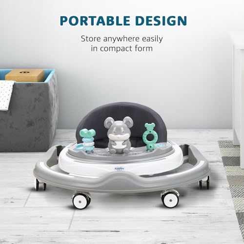 Image of Amazon Brand - Supples Baby Walker (Musical) | Kids Walker with Toys | Baby Walkers for Boys & Girls 9+ Months | Adjustable Height Walker with RGB Lights | Plastic | Grey & White