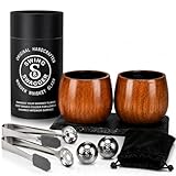Swing & Swagger Charred Wooden Whiskey Glasses (2 Pack), Old Fashioned Bourbon Glass Set with Whiskey Stones, Ice Tongs & Storage Pouch, Handmade Oak Tumblers for Bourbon, Scotch & Whiskey