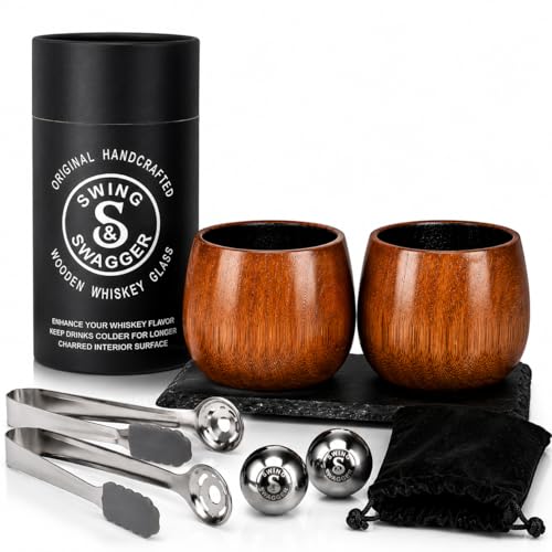 Charred Wooden Whiskey Glass Gift Set for Men (2 Pack), Old Fashioned Bourbon Glasses with Stones, Tongs & Storage Pouch,Unique Gifts for Men, Husband, Brother, Boyfriend, Whiskey Lovers