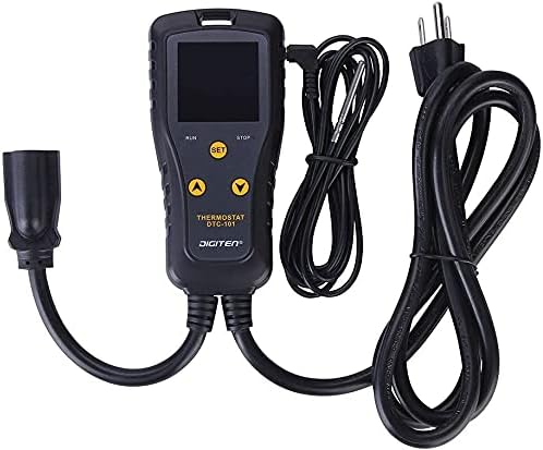 DIGITEN DTC101 Temperature Controller with its power plug, sensor, and controlled outlet.