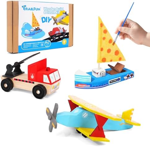 Wooden Build Paint Art Crafts Kit, Make Your Own Car Boat & Plane DIY Craft Toys for Kids Boys, STEM Educational Toy Set