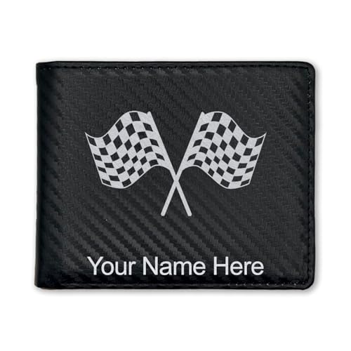 LaserGram Faux Leather Bi-Fold Wallet, Racing Flags, Personalized Engraving Included (Carbon Fiber Black with Silver)