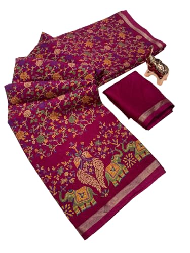 Image of Kalamkari Floral Prints Dola Silk Saree With Rich Zari Border Designer Pallu Attach Blouse Piece