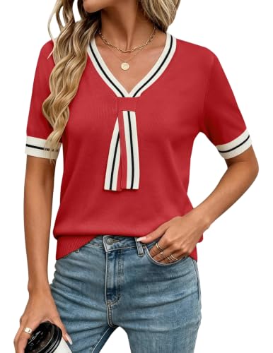 Image of Libsorge Womens Lightweight Cute Bow Tie Sweater Spring 2026 Business Casual Outfits V Neck Short Sleeve Tops