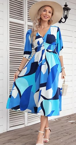 Image of Kormei Women Casual Boho V Neck 3 /4 Sleeve Smocked Waist A Line Flowy Swing Midi Dress Smocked Long Dress
