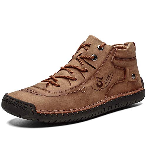 YONGJIA Mens Leather Casual Lace up Driving Walking Ankle Boots Stitching Work Fashion Shoes Brown 41