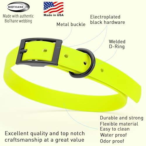Image of Dogline Biothane Waterproof Dog Collar Strong Coated Nylon Webbing with Black Hardware Odor- Proof for Easy Care Easy to Clean High Performance Fits Small Medium or Large Dogs, Safety Yellow