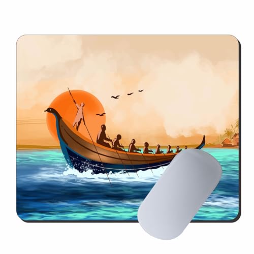 Image of Vintage Boat Sunrise Ocean Art Mouse Pad - Non-Slip Rubber Base Desk Mat for Home & Office - Smooth Surface Gaming & Work Mouse Pad (Multicolor Scenic Print)