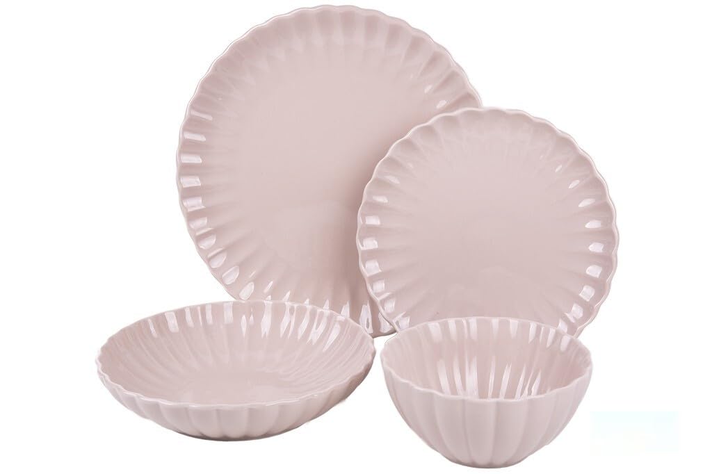 Vajilla de porcelana en relieve color rosa nude esmaltado 16 piezas. Diseñado para: ocasiones especiales, uso diario, eventos.
