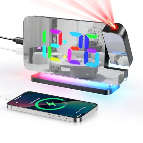 Euakee Reloj Despertador Digital con Proyección, Reloj con Espejo LED de 7,4″, Luz Nocturna de 10 Colores, Proyector Giratorio 180º, Cargador USB-C, para Dormitorio Infantil Niñas Niños (Negro)