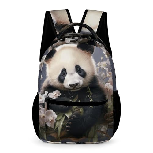 Panda With Flower Backpack for Travel, Ultra Durable Small Bookbag Lightweight Daypack for Women Men