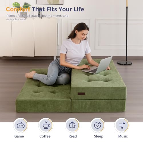 Image of MAXYOYO 6 inch Folding Sofa Bed for Floor, Tufted Tri-Fold Floor Mattress with Chenille Fabric, Queen Size Portable Sofa Couch Guest Mat for Adults, Foldable Topper for Camping, Green, 59 inchx78.7 inch