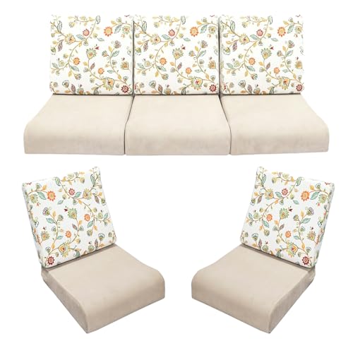Image of Wooden Sofa Cushion Full Set of 10 for 5 Seater, 55 Density PU Foam, & Fully Customizable-Cushion for Wooden Sofa with Washable Fabric and Inner Fabric 3+1+1 (Yellow Flower + Beige)