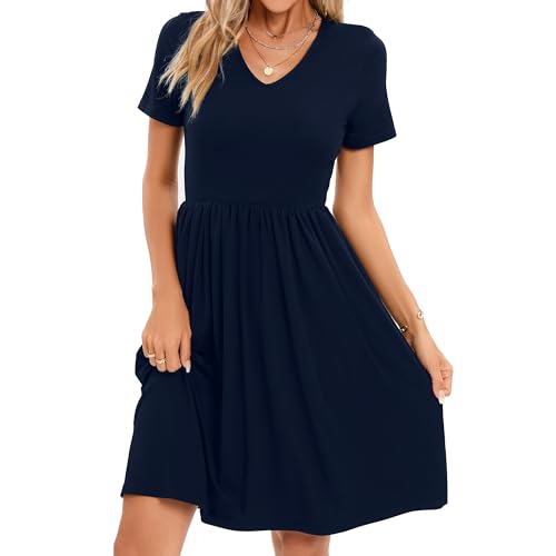 Image of Women's Spring Casual Short Sleeve A-Line Midi Loose Fit Teacher Dresses T-Shirt Flowy Work Travel Sundress with Pockets 2026