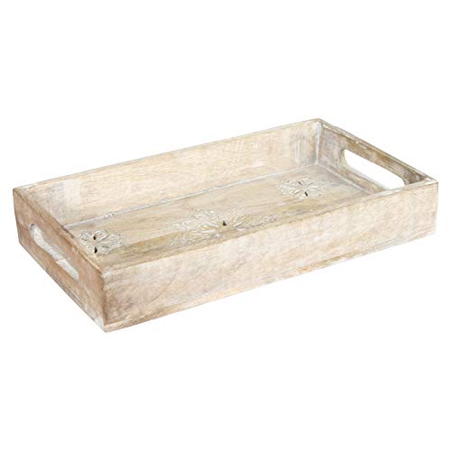 Rustic Wooden Serving Tray with Handles - Stylish Farmhouse Tray for Coffee Table, Ottoman Tray for Living Room, Breakfast in Bed Tray - Decorative Mango Wood Serving Tray in Whitewash Finish (Small)