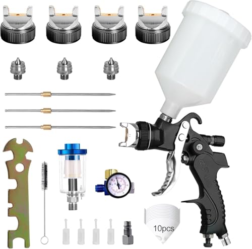 HVLP Lackierpistole Spritzpistole Kit mit 4 Düsen 1,4mm 1,7mm 2,0mm 2.5 mm Farbsprühsystem Spraypistole mit 600 ml Plastikbecher Mit Luftdruckregler