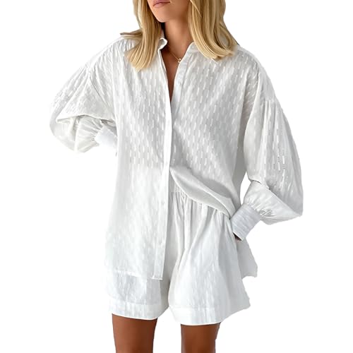 amropi Mujer Jacquard Conjuntos 2 Piezas Manga Abullonadas Blusa con Botones y Pantalones Cortos Verano Chándal Ropa de Descanso Blanco, M
