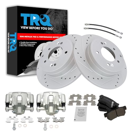 Image of TRQ Performance Rear Brake Pad and Rotor Set Semi Metallic Slotted Drilled G Coated Rotors Calipers Compatible with 2006 Hyundai Sonata