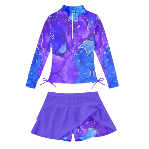 Image of Vogseek 3-12T Girls Rash Guard 2 Pieces Bathing Suit Long Sleeve Swimsuit Swimming Skirt with Shorts Swimwear