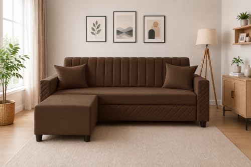 Image of 3 Seater Velvet Sofa with Ottoman | Modern Upholstered Couch | Quilted Design | Soft Comfortable Seating | Sturdy Wooden Frame | Living Room, Office - Brown