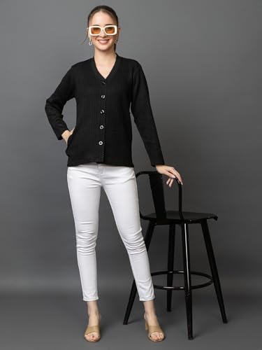 Image of Wear lusso Women's Woolen V-Neck Buttoned Full Sleeve Cardigan Self Design Soft Wool Fabric Winter Wear Pure Wool Sweater with Pockets Stylish Outdoor and Office Wear Girls