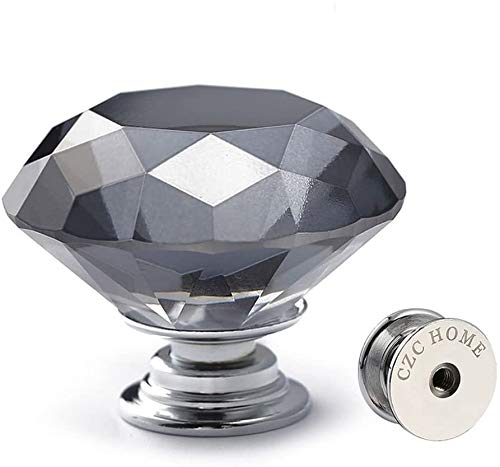 CZC HOME Schubladenknöpfe 10 Stück 30mm Diamant Geschliffene Kristallglas mit Schrauben in 3 Verschiedenen Längen, Griffe für Schränke grau Cover