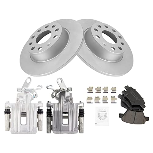 Image of TRQ Rear Brake Pad and Rotor Set Ceramic Solid Rotors Calipers | For 2010-2014 Volkswagen Golf Jetta 2010-2016 Eos 2012-2015 Passat 2012-2014 Beetle 2010-2013 Audi A3 A3 Quattro