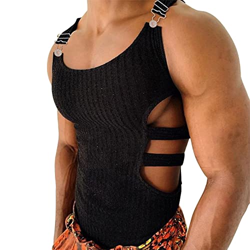dPois Herren Vintage Tank Top Unterhemd Ärmellos Shirt Steampunk Gothic Oberteil mit Schnallen Sexy Weste T-Shirt Party Fasching Clubwear Schwarz A L