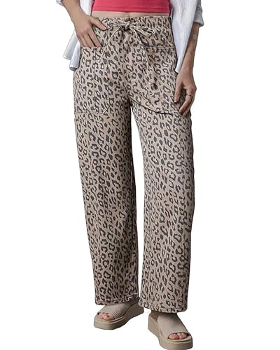 Women's Drawstring Straight Leg Jeans Elastic High Waisted Leopard Printed Wide Leg Denim Pants
