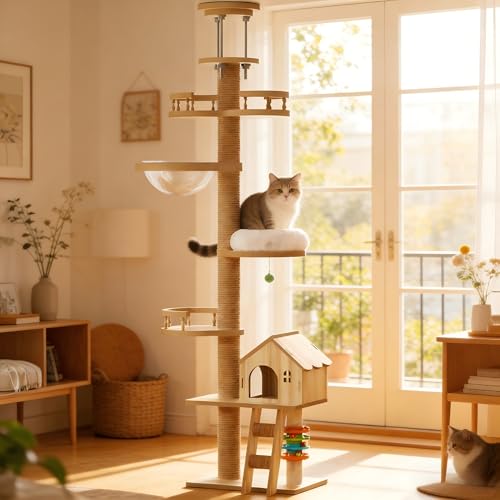 Clyrava Modern Tower Cat Torre para Gatos con Poste para Rascar Cubierto de Sisal y Hamaca de Acrílico para Interior, Madera, 59 pulgadas