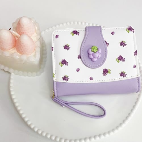 Image of Cute Print Wallet Blueberry Strawberry Cherry Wallet with Credit Card Holder Zipper Coin Purse for Women Girls (GRAPE)