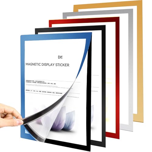 SQAQS 10pcs Cadre d'affichage magnétique auto, adhésif, d'Affichage Magnétique PVC Cadre d'Information Autocollant Pochette Adhésive A4(2 en rouge + noir + or + argent + bleu)