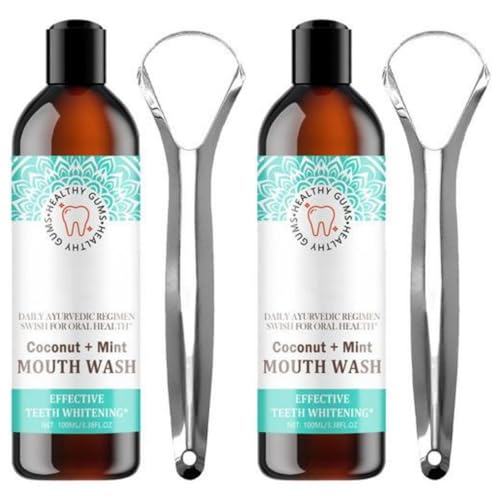 100 ml Mouthwash, Enjuague Bucal Sin Alcohol con Tongue Scraper, Oil Pulling Mouthwash con Aceite De Coco Y Menta, Enjuague Bucal Niños Natural &