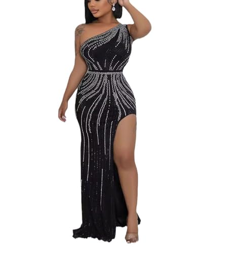 Image of Nagfar Women's Sexy Rhinestone Slant Shoulder Split Wrap Hip Sleeveless One-piece Dress Party Birthday Club Night Out Long Dresses(SK3199-Black-L), Large