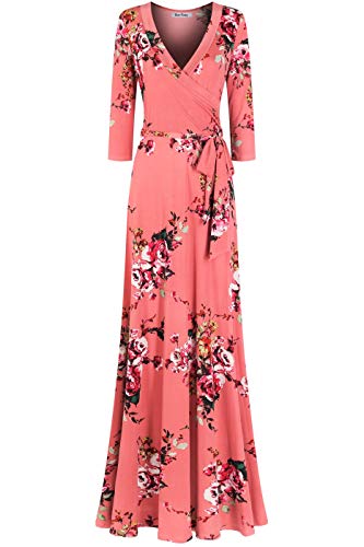 Bon Rosy Women's MadeInUSA 3/4 Sleeve V-Neck Printed Maxi Faux Wrap Floral Dress Blush S